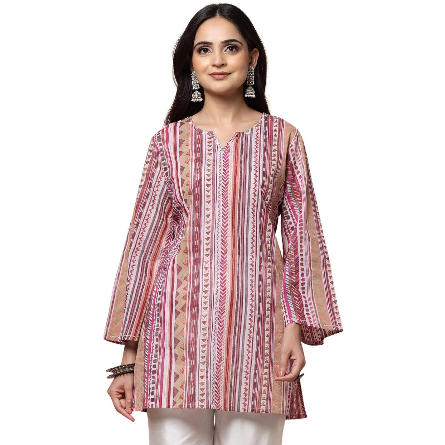 Indya Women's Striped Regular Pink Stripe Print Cotton Short Kurta (RTN00048