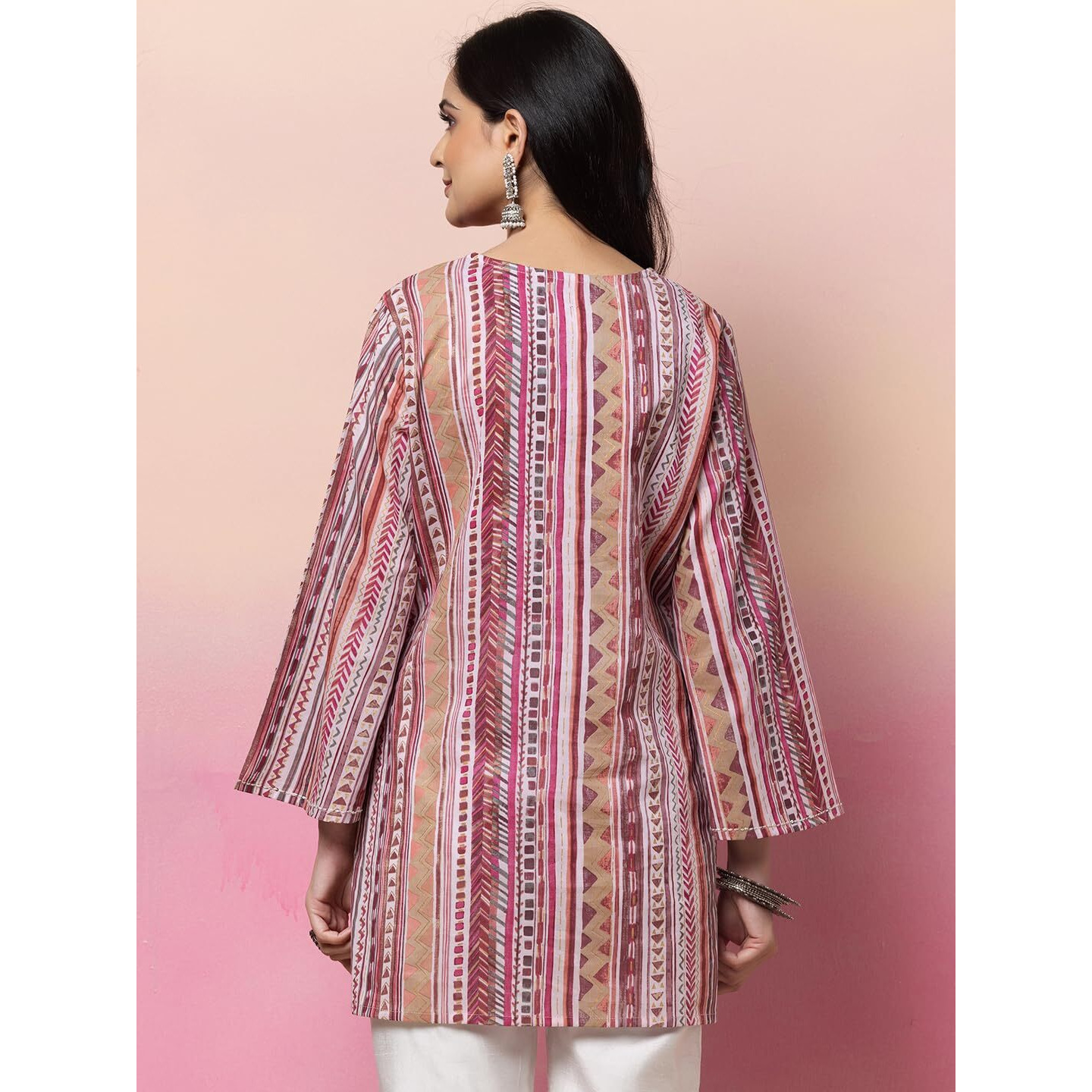 Indya Women's Striped Regular Pink Stripe Print Cotton Short Kurta (RTN00048