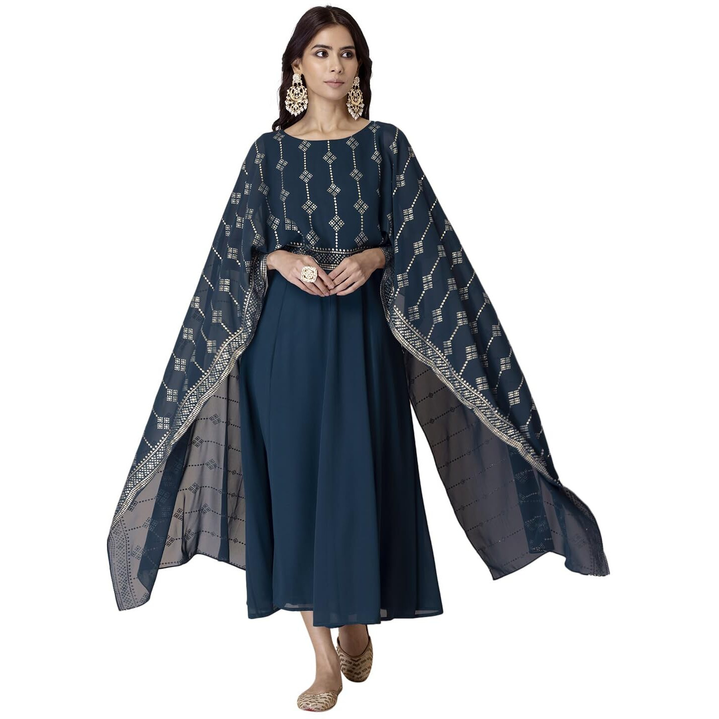 Indya Women's Georgette Regular Teal Blue Kurta with Foil Print Attached Dupatta (ITN05956
