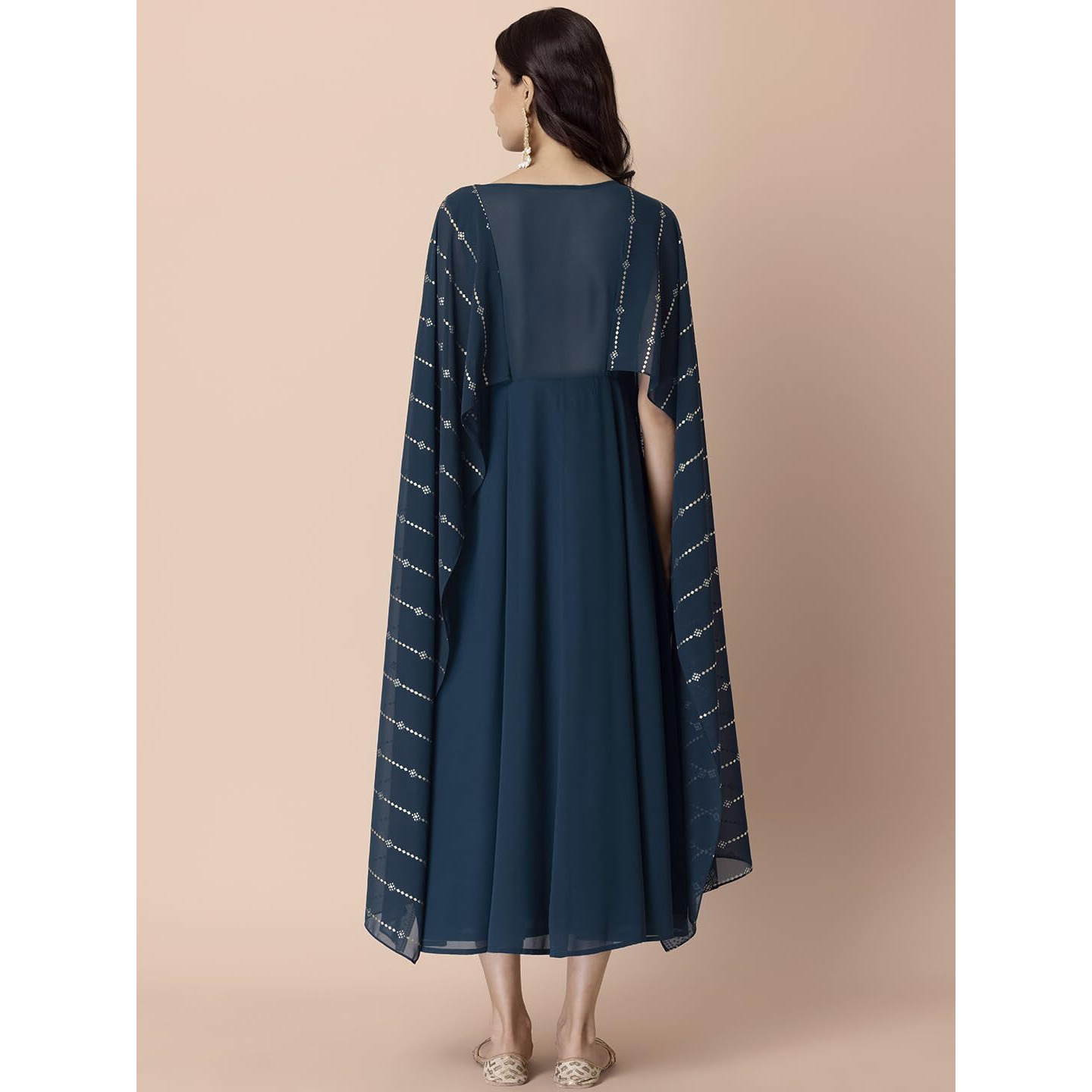 Indya Women's Georgette Regular Teal Blue Kurta with Foil Print Attached Dupatta (ITN05956