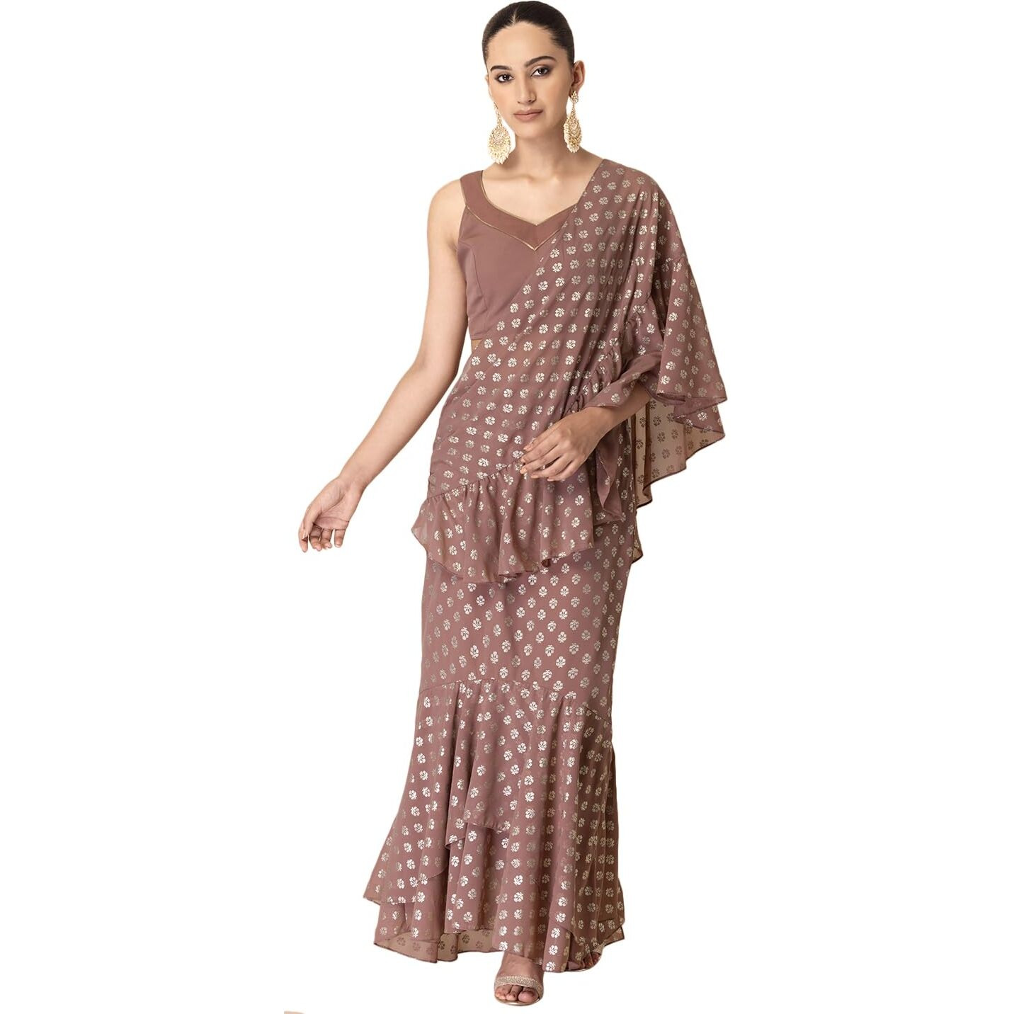 Indya Women's Georgette Dusty Pink Foil Print Pre-Stitched Saree (Without Blouse) (ISS00141