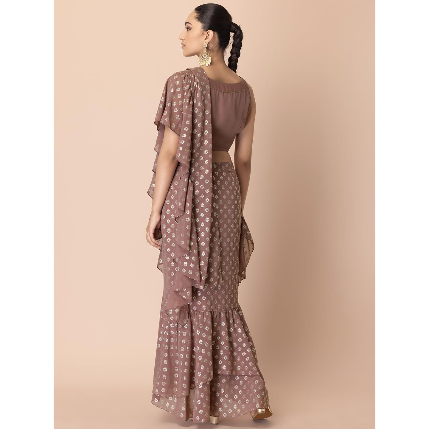 Indya Women's Georgette Dusty Pink Foil Print Pre-Stitched Saree (Without Blouse) (ISS00141