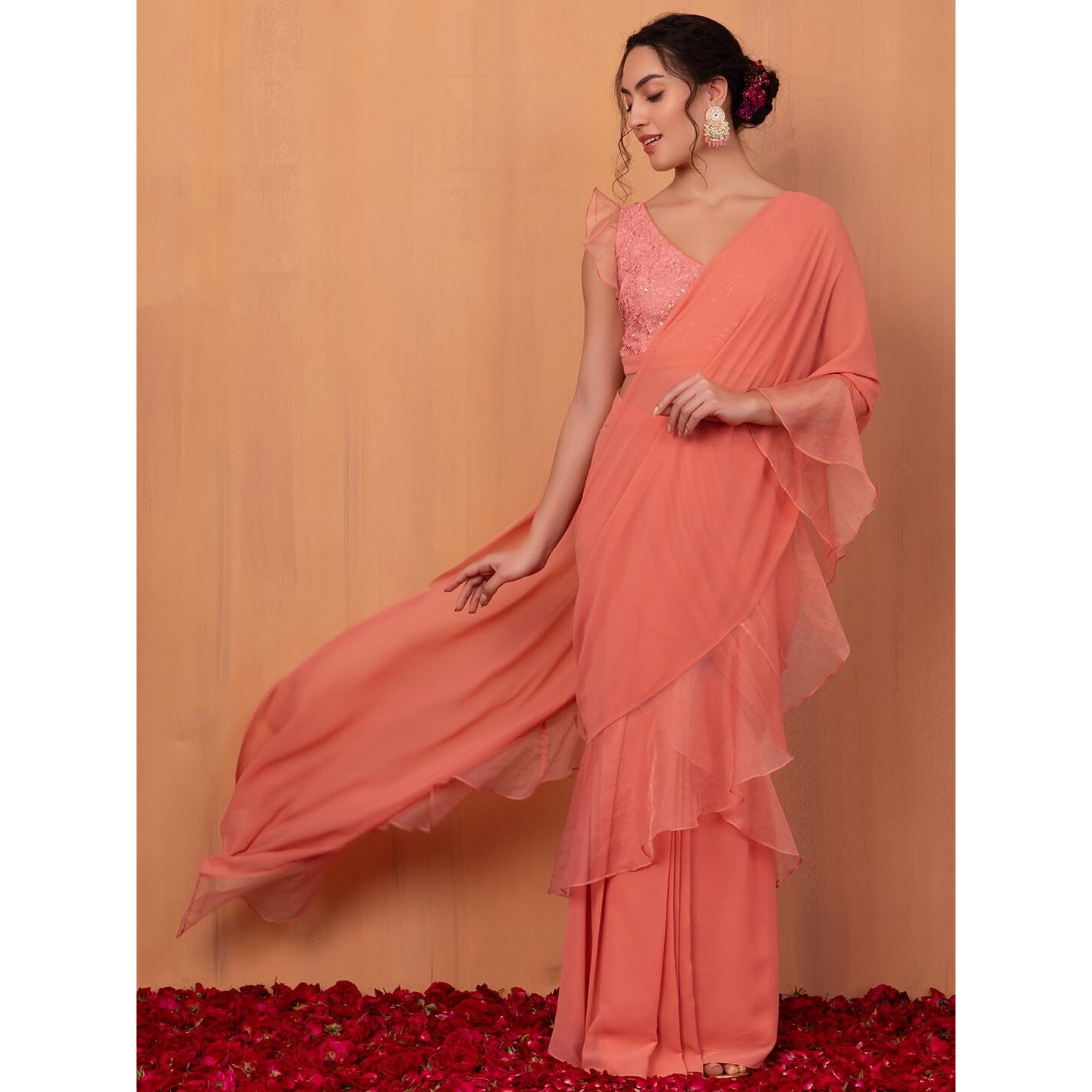 Indya Women's Georgette Pastel Pink Ruffled Pre-Stitched Saree (Without Blouse) (ISS00140