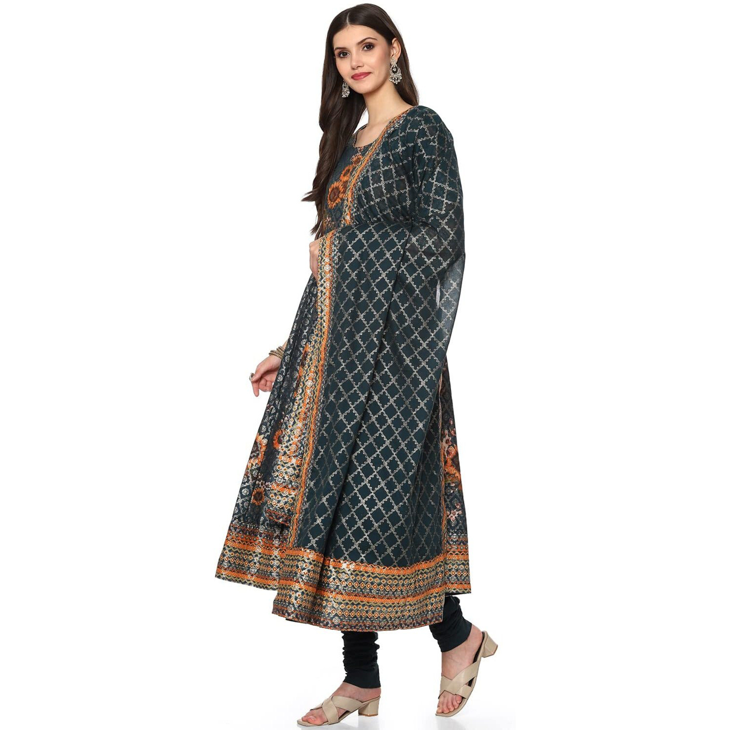 BIBA WOMEN PRINTED FITTED SALWAR KURTA DUPATTA(SKDSUNFLOWE8198_PEACOCK BLUE_38)