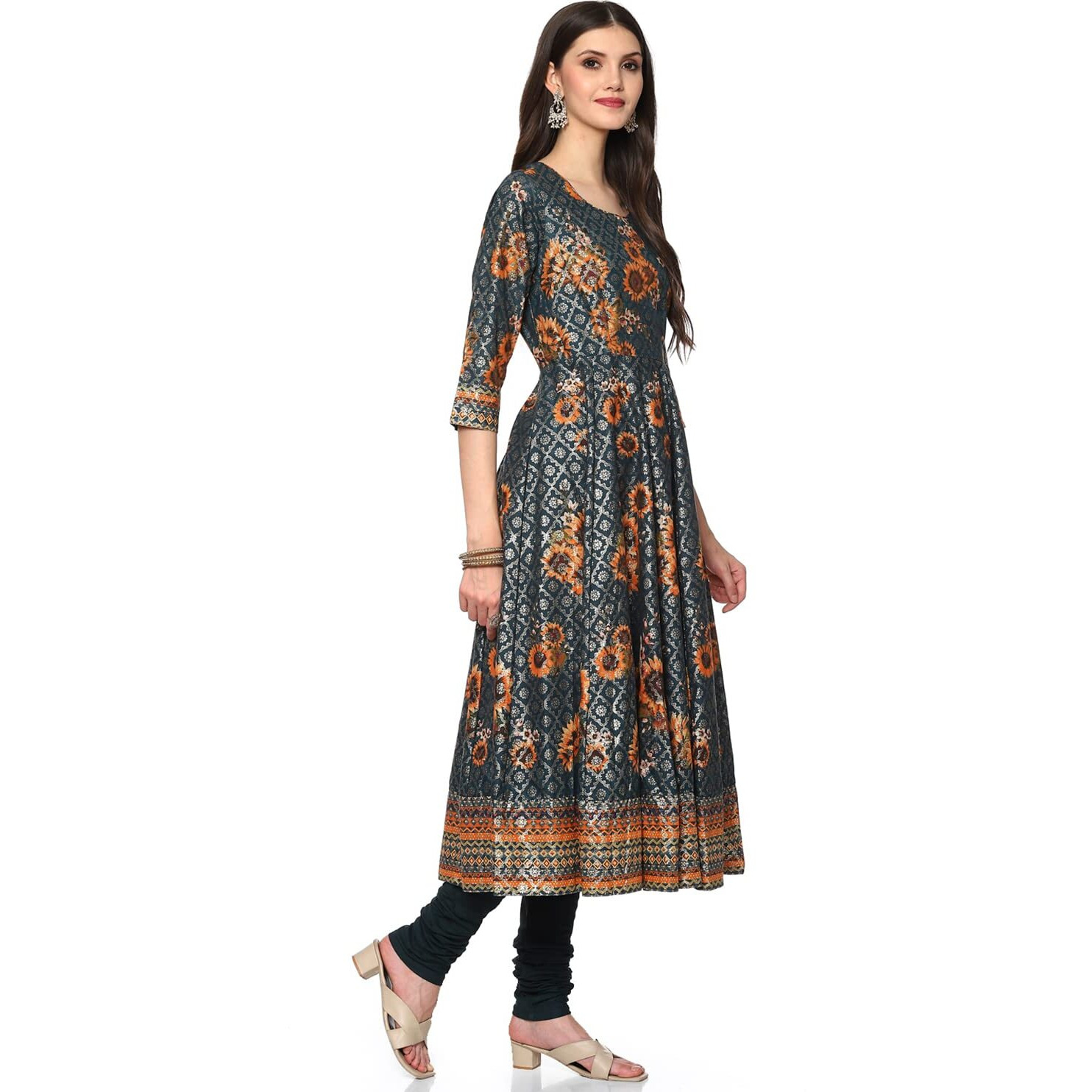 BIBA WOMEN PRINTED FITTED SALWAR KURTA DUPATTA(SKDSUNFLOWE8198_PEACOCK BLUE_38)