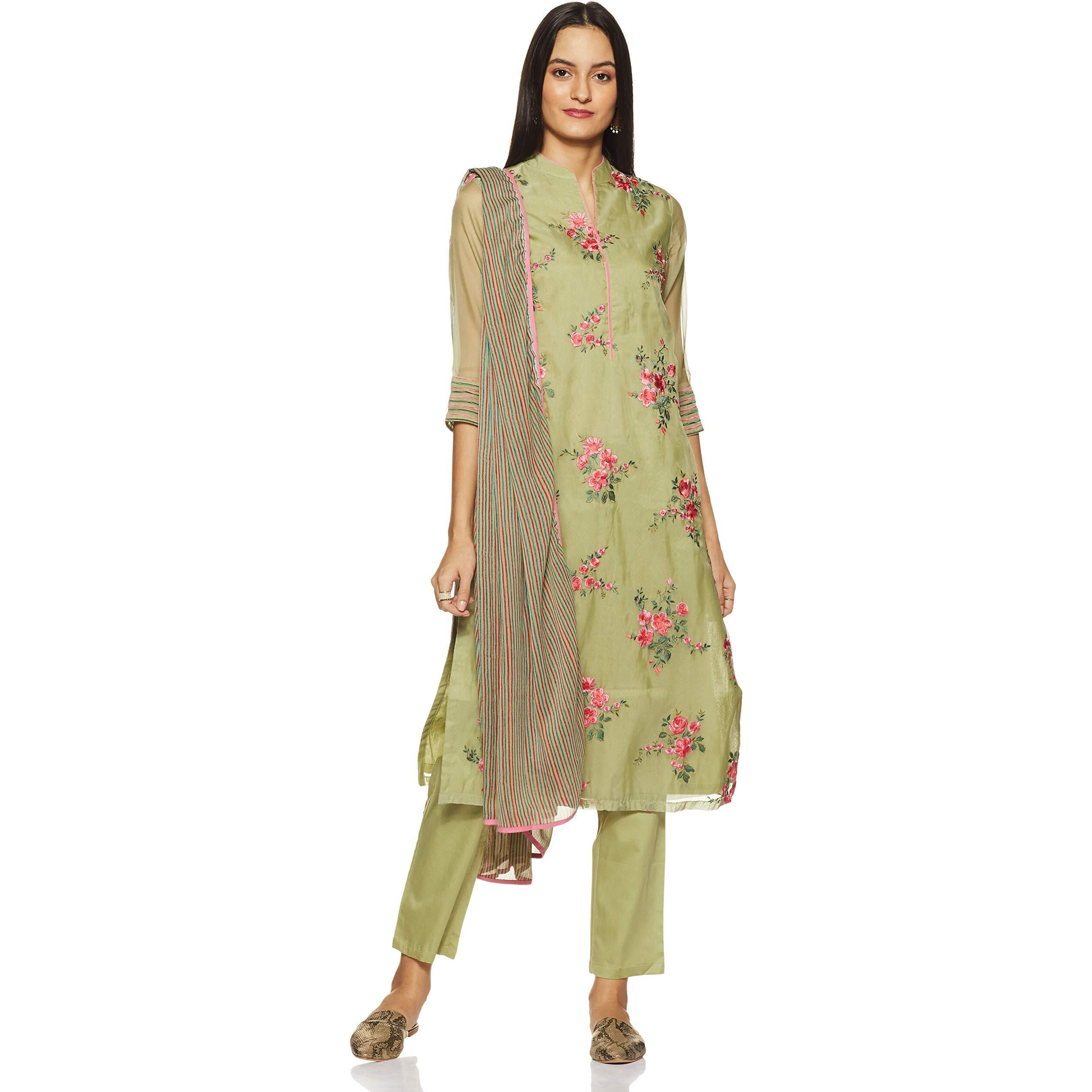 BIBA Women's synthetic straight Salwar Suit Set (SKDSKD596334_ Olive Green_ M (34))