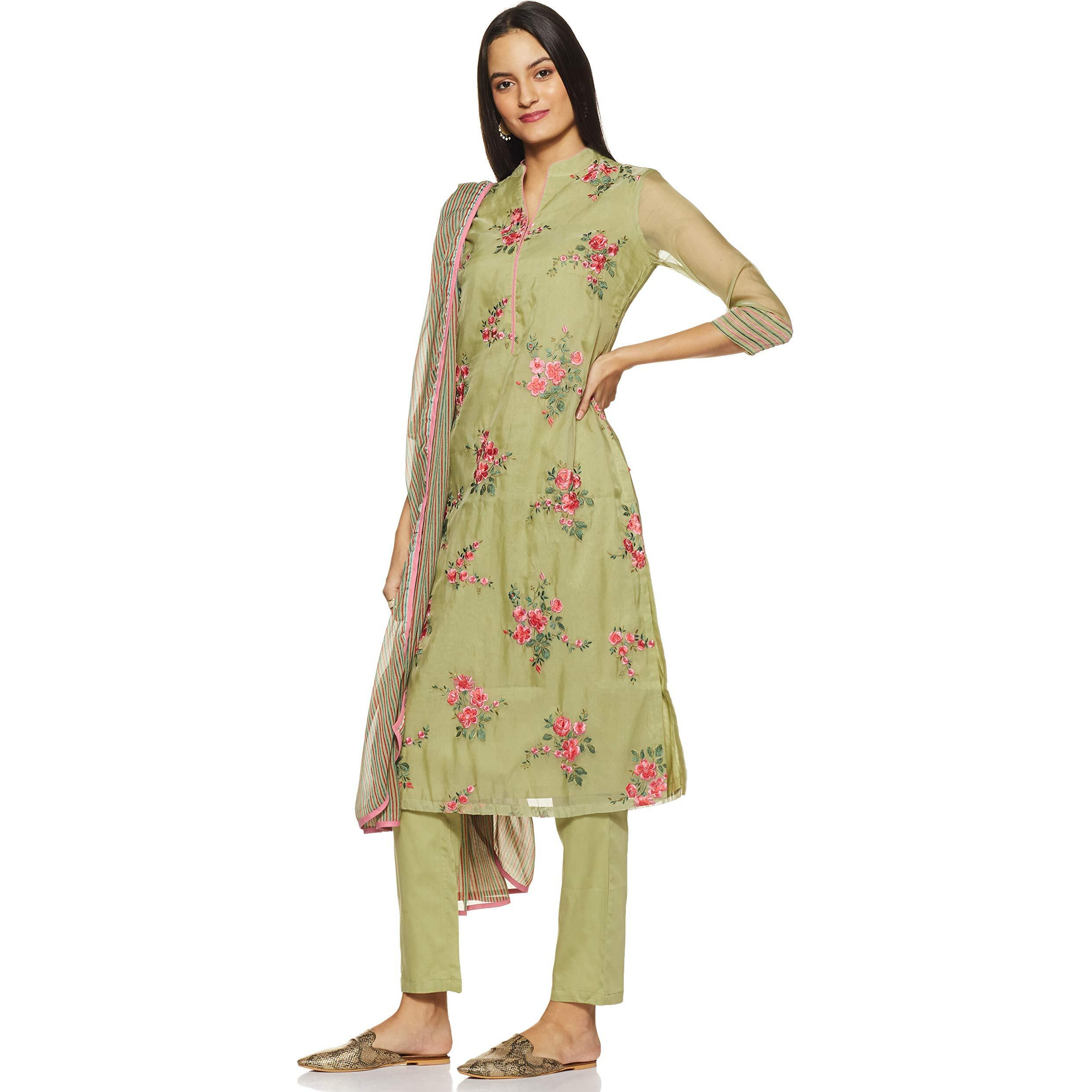 BIBA Women's synthetic straight Salwar Suit Set (SKDSKD596334_ Olive Green_ M (34))