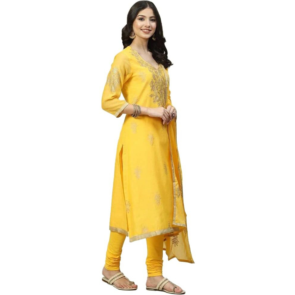 BIBA WOMEN PRINTED FITTED SALWAR KURTA DUPATTA(SKDASSORTED7716_YELLOW_40)