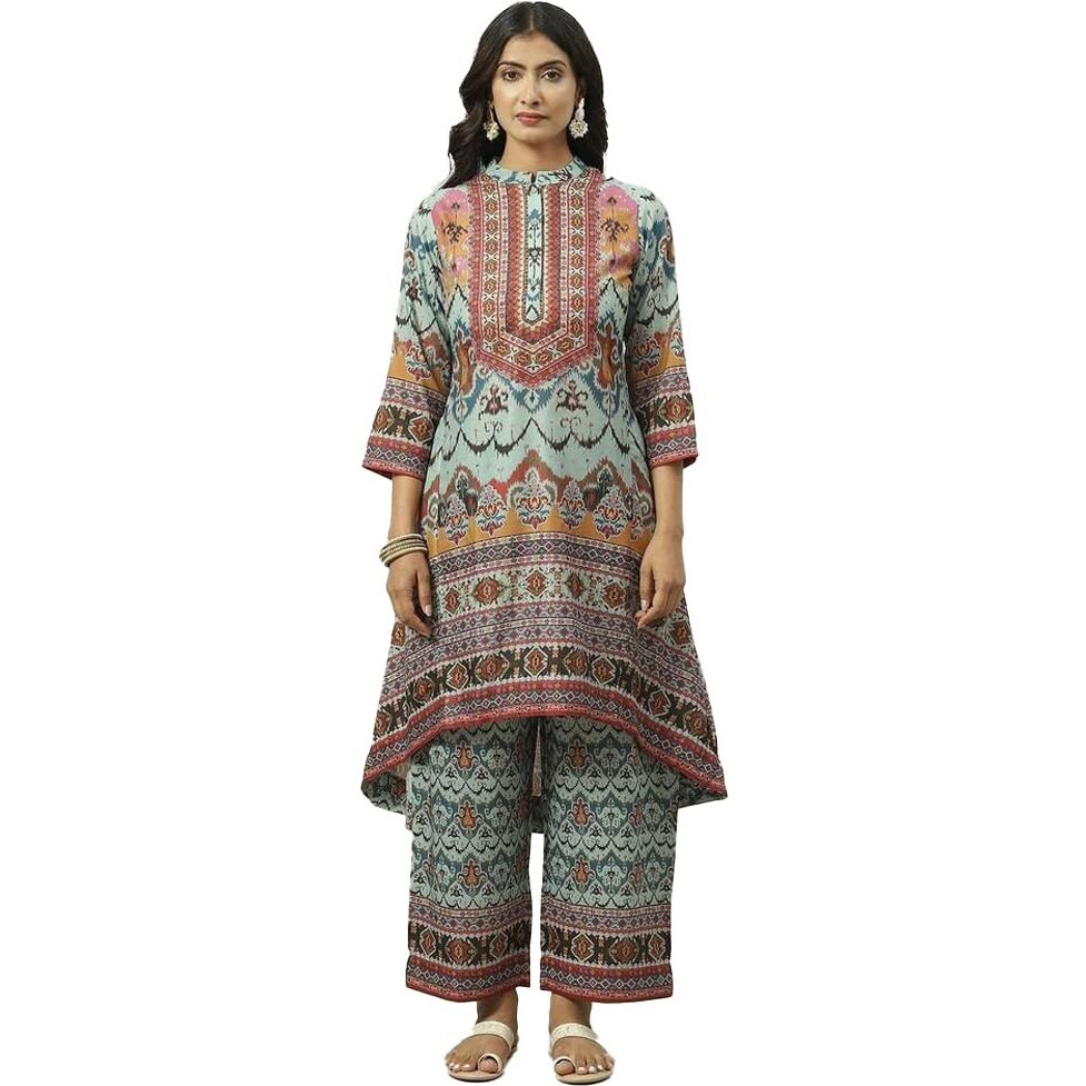 BIBA Women's Printed Straight Salwar Kurta Dupatta(Skdarabina8182_Blue_42) - Polyester