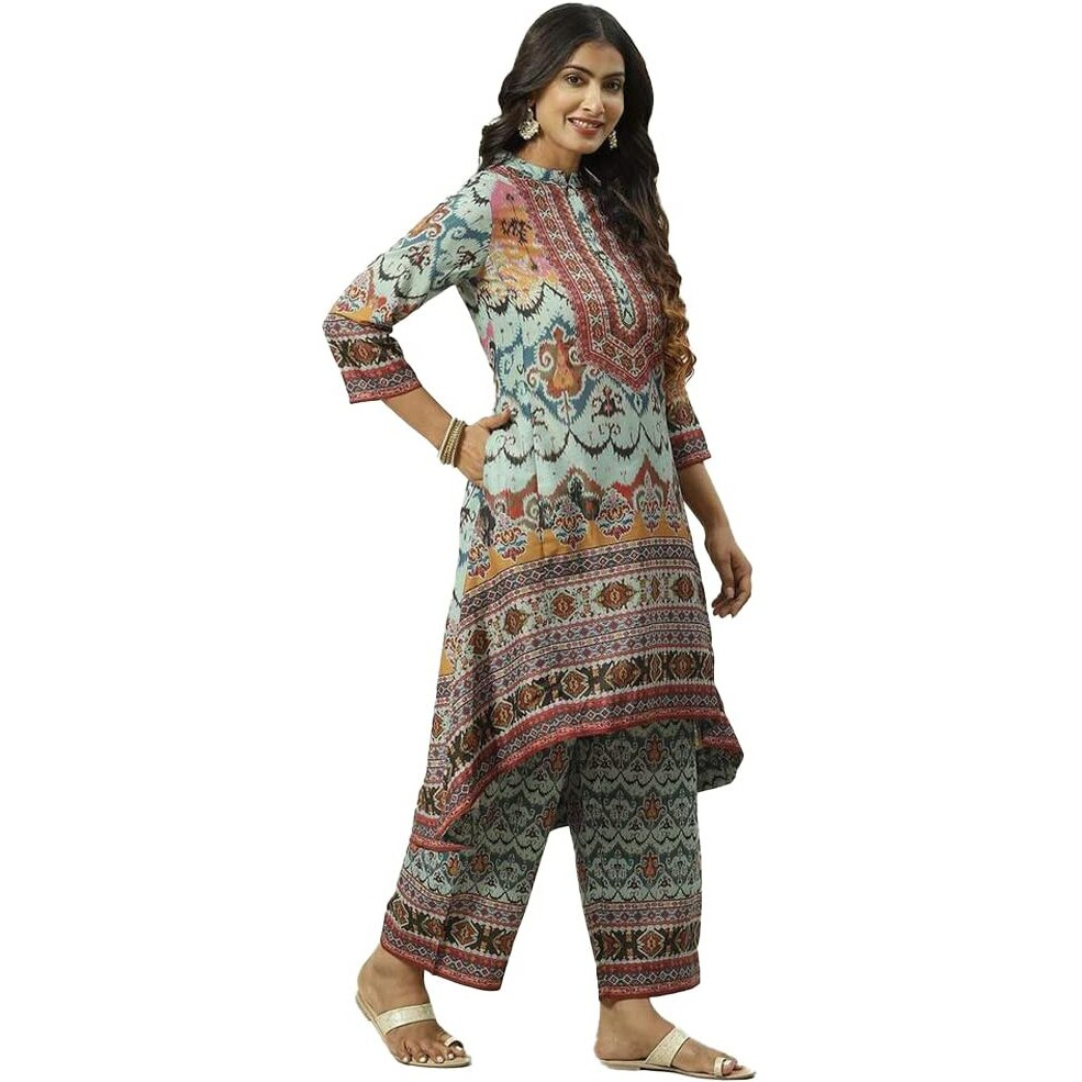 BIBA Women's Printed Straight Salwar Kurta Dupatta(Skdarabina8182_Blue_42) - Polyester