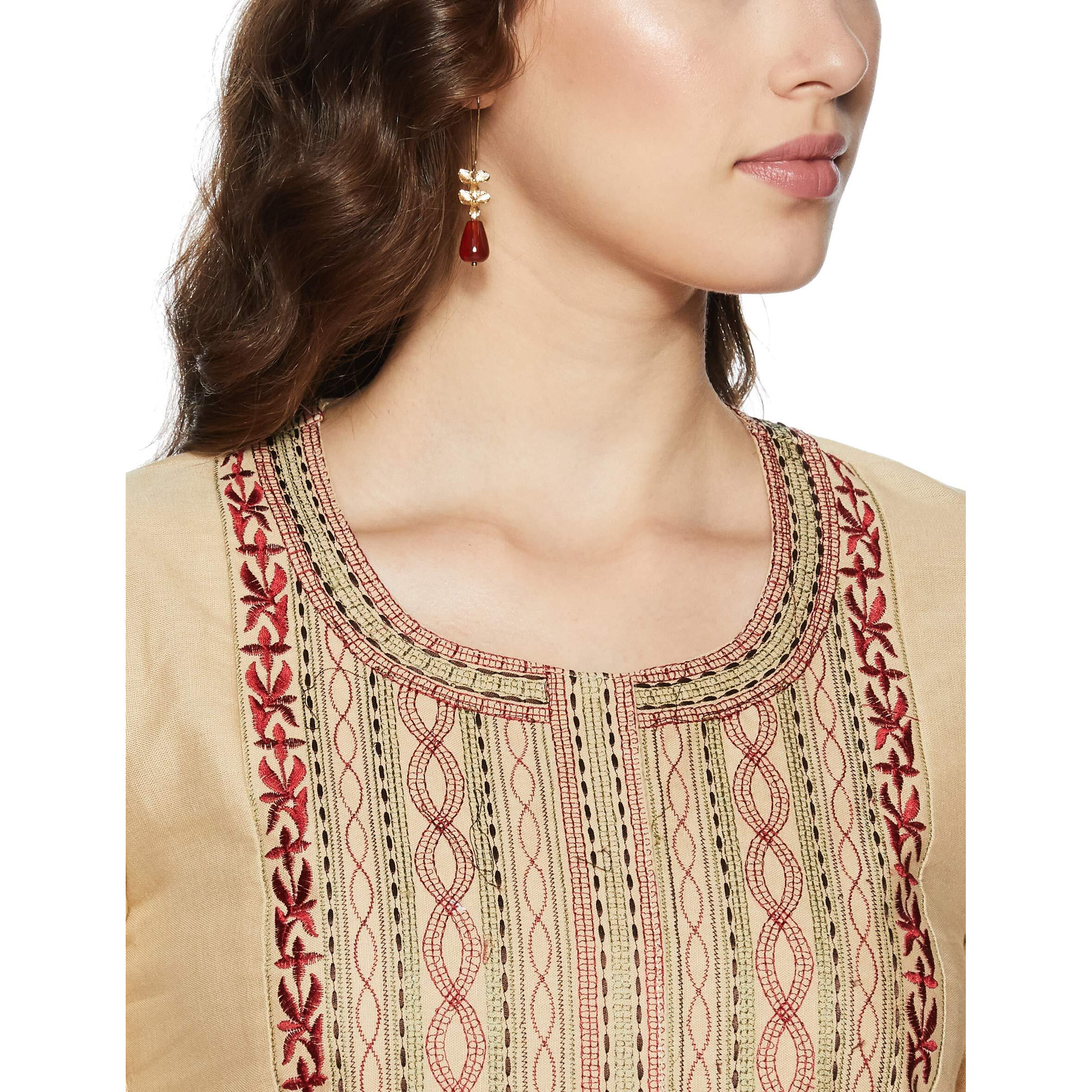BIBA Women Cotton Beige Straight Kurta Regular Pant Suit Set, Small