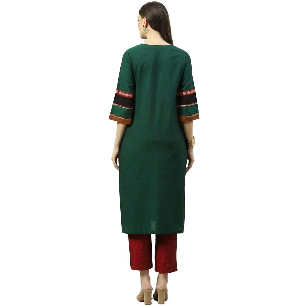 BIBA Women Cotton Printed A Line Kurta(Festive 18500_Green_S)
