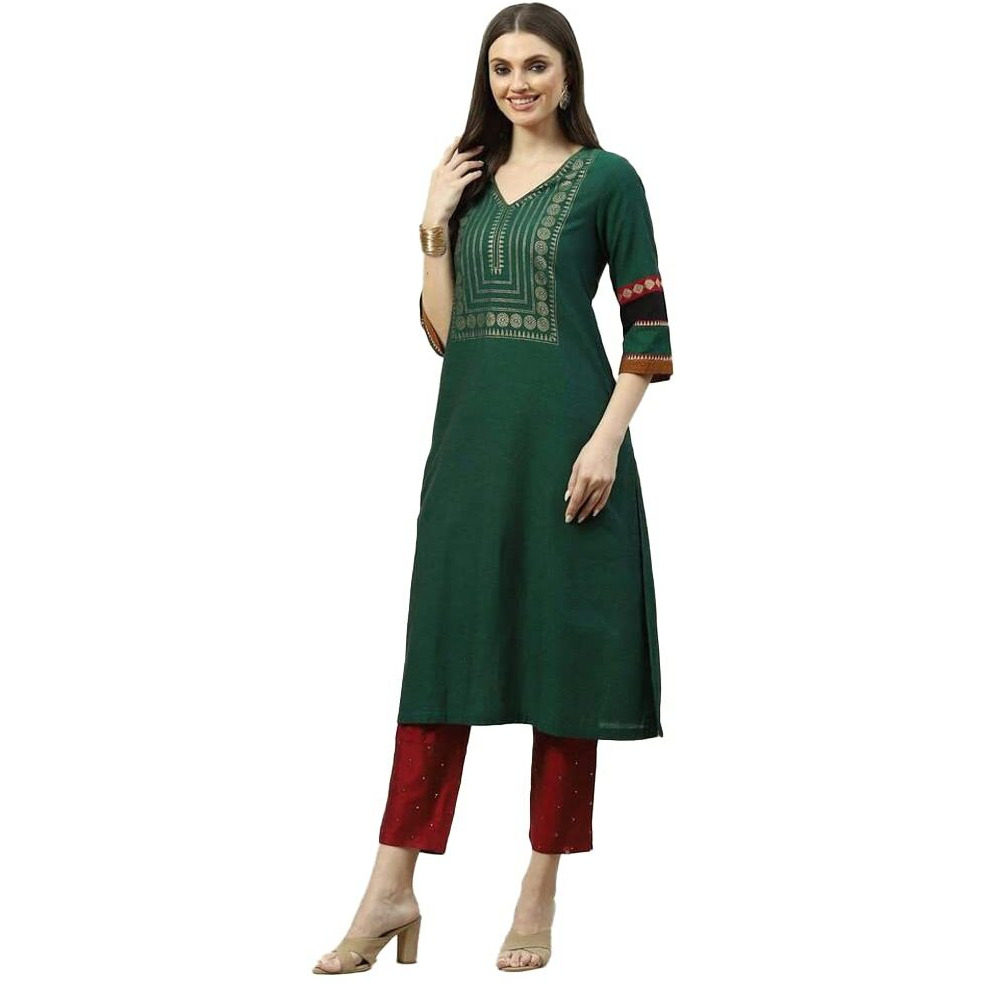 BIBA Women Cotton Printed A Line Kurta(Festive 18500_Green_S)