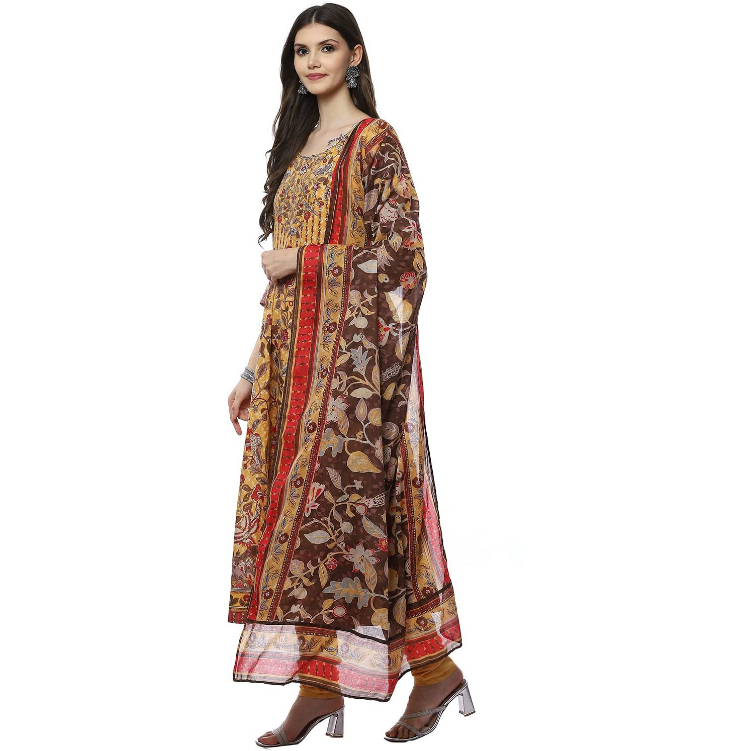 BIBA Cotton Women Printed Fitted Salwar Kurta Dupatta (Skdkalamkar8356_Yellow_36)