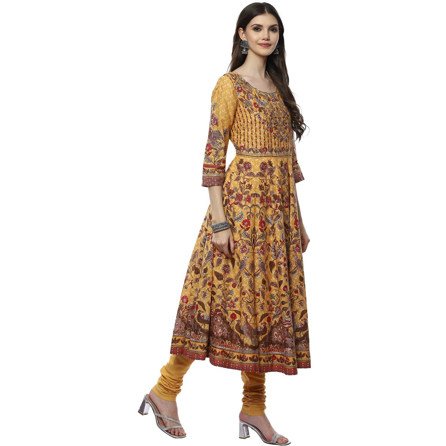 BIBA Cotton Women Printed Fitted Salwar Kurta Dupatta (Skdkalamkar8356_Yellow_36)