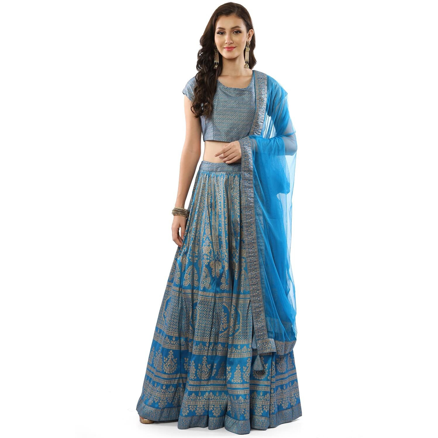 BIBA Women's Polyester Readymade Printed Flared Salwar Kurta Dupatta Lehenga Choli Set (Skdfestive 8367_Turquoise_42)