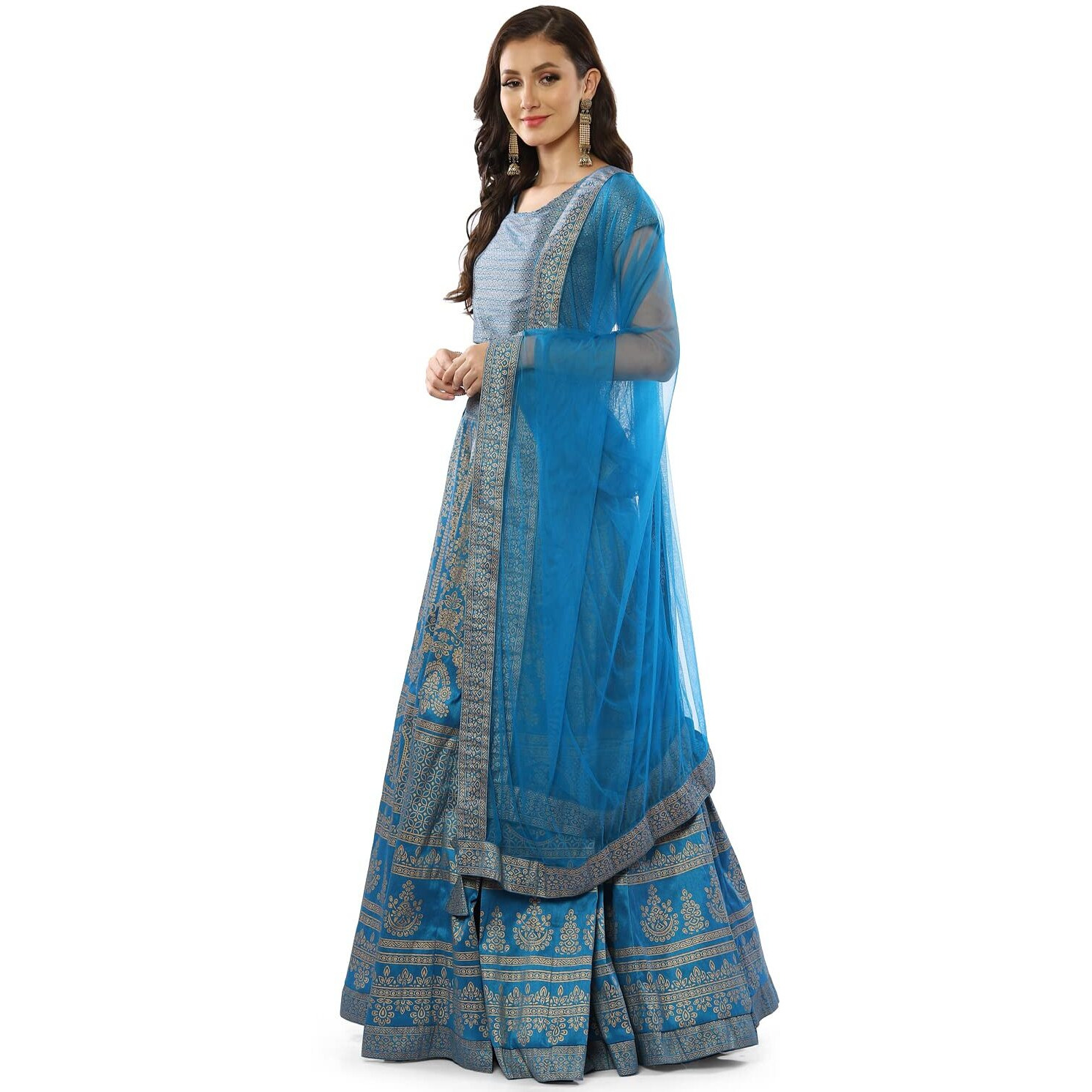 BIBA Women's Polyester Readymade Printed Flared Salwar Kurta Dupatta Lehenga Choli Set (Skdfestive 8367_Turquoise_42)