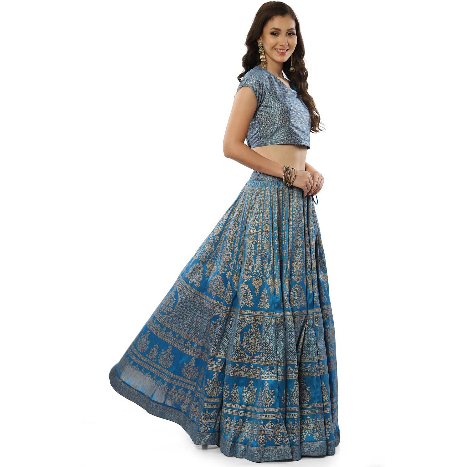 BIBA Women's Polyester Readymade Printed Flared Salwar Kurta Dupatta Lehenga Choli Set (Skdfestive 8367_Turquoise_42)