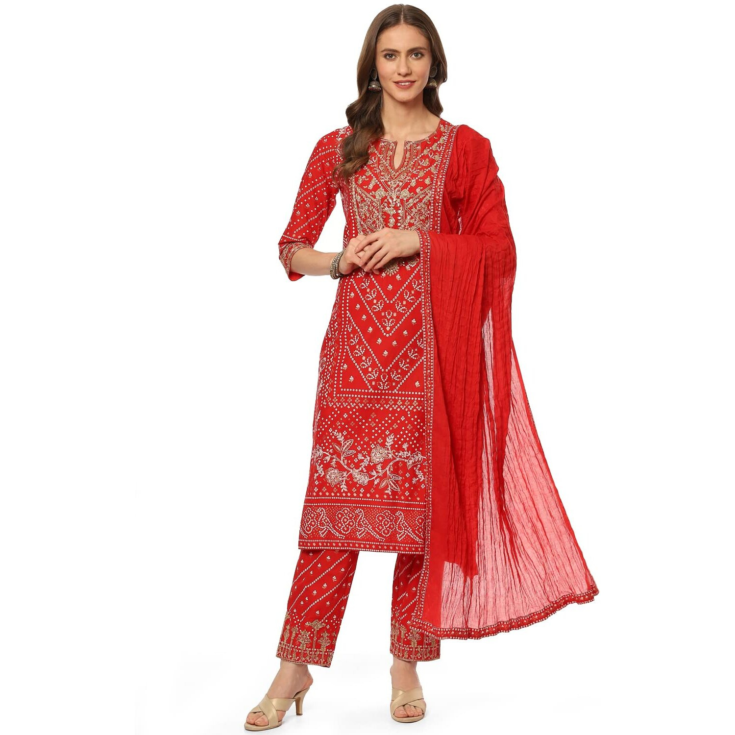 BIBA WOMEN PRINTED NARROW SALWAR KURTA DUPATTA(SKDDURGOTSA8251_RED_32)