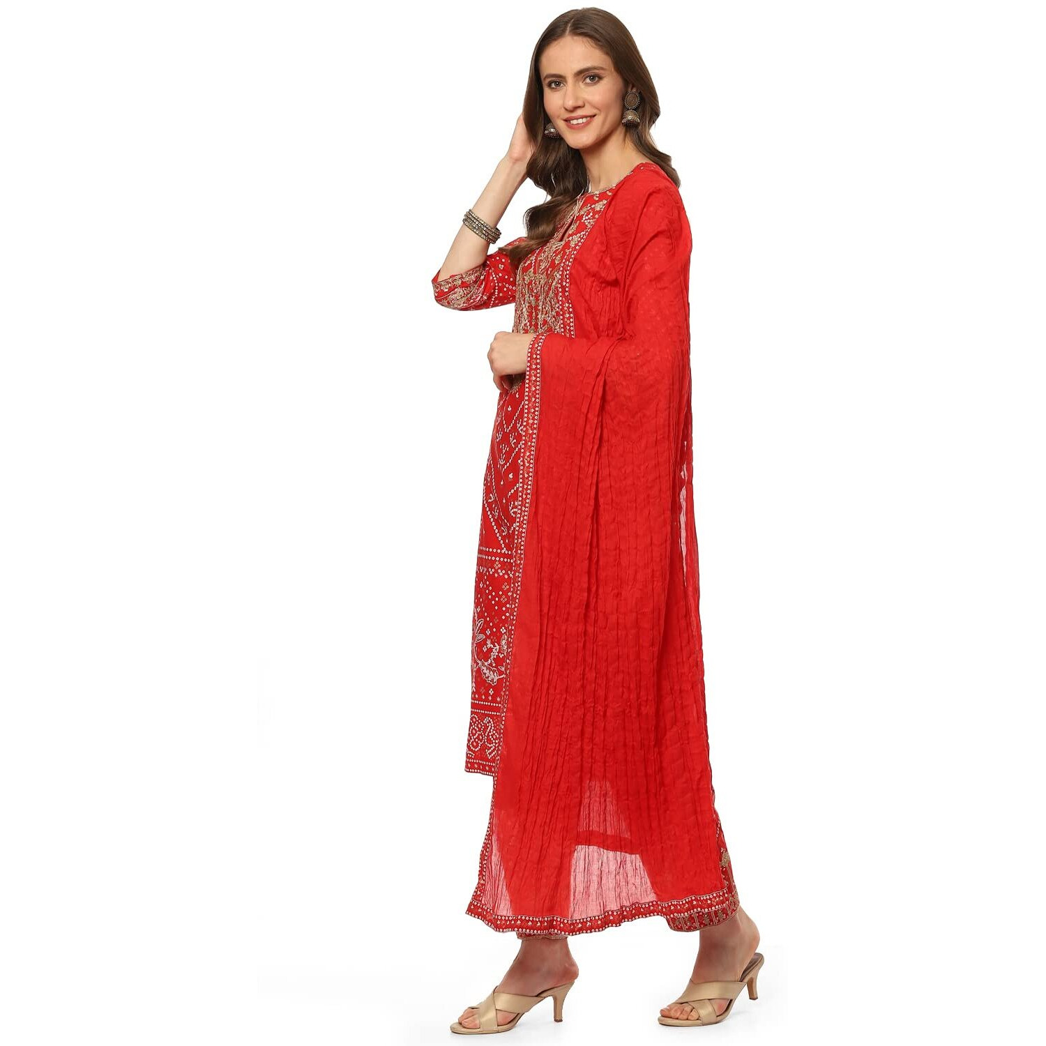 BIBA WOMEN PRINTED NARROW SALWAR KURTA DUPATTA(SKDDURGOTSA8251_RED_32)