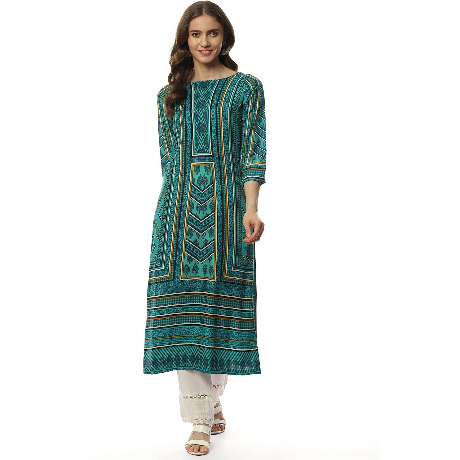 BIBA Rayon Women Printed Regular Mix and Match Kurta (Egyption18875_Green/Turq_36)
