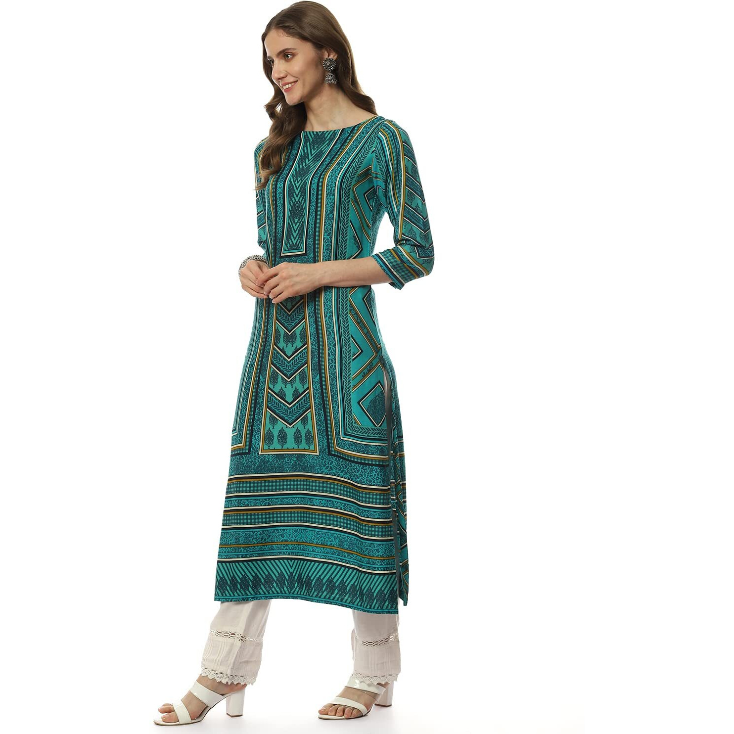 BIBA Rayon Women Printed Regular Mix and Match Kurta (Egyption18875_Green/Turq_36)