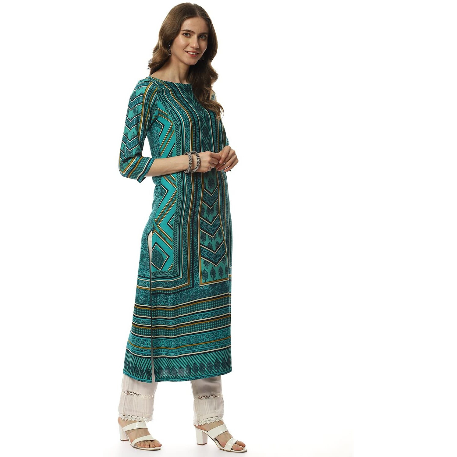 BIBA Rayon Women Printed Regular Mix and Match Kurta (Egyption18875_Green/Turq_36)