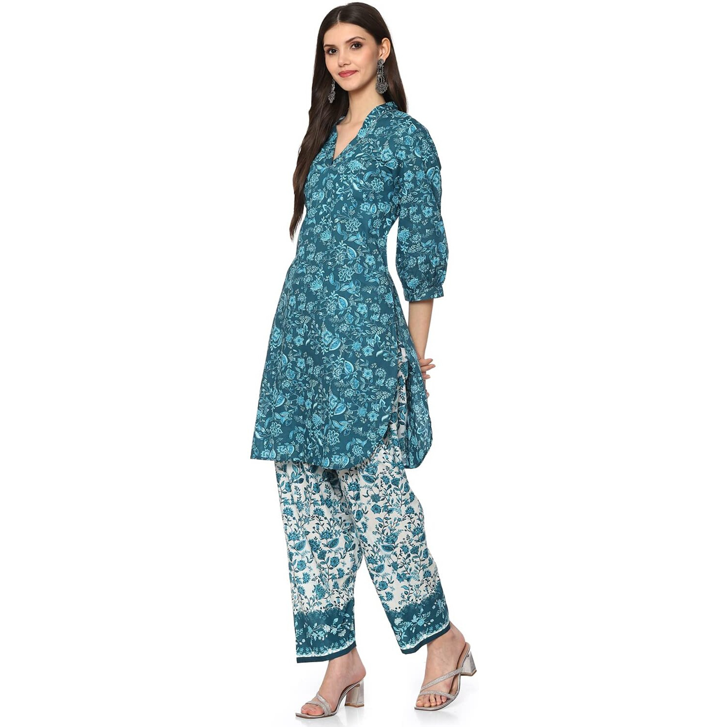 BIBA Cotton Women Printed Relaxed Salwar Kurta Dupatta(Skdlounge I8547_Teal Blue_42)