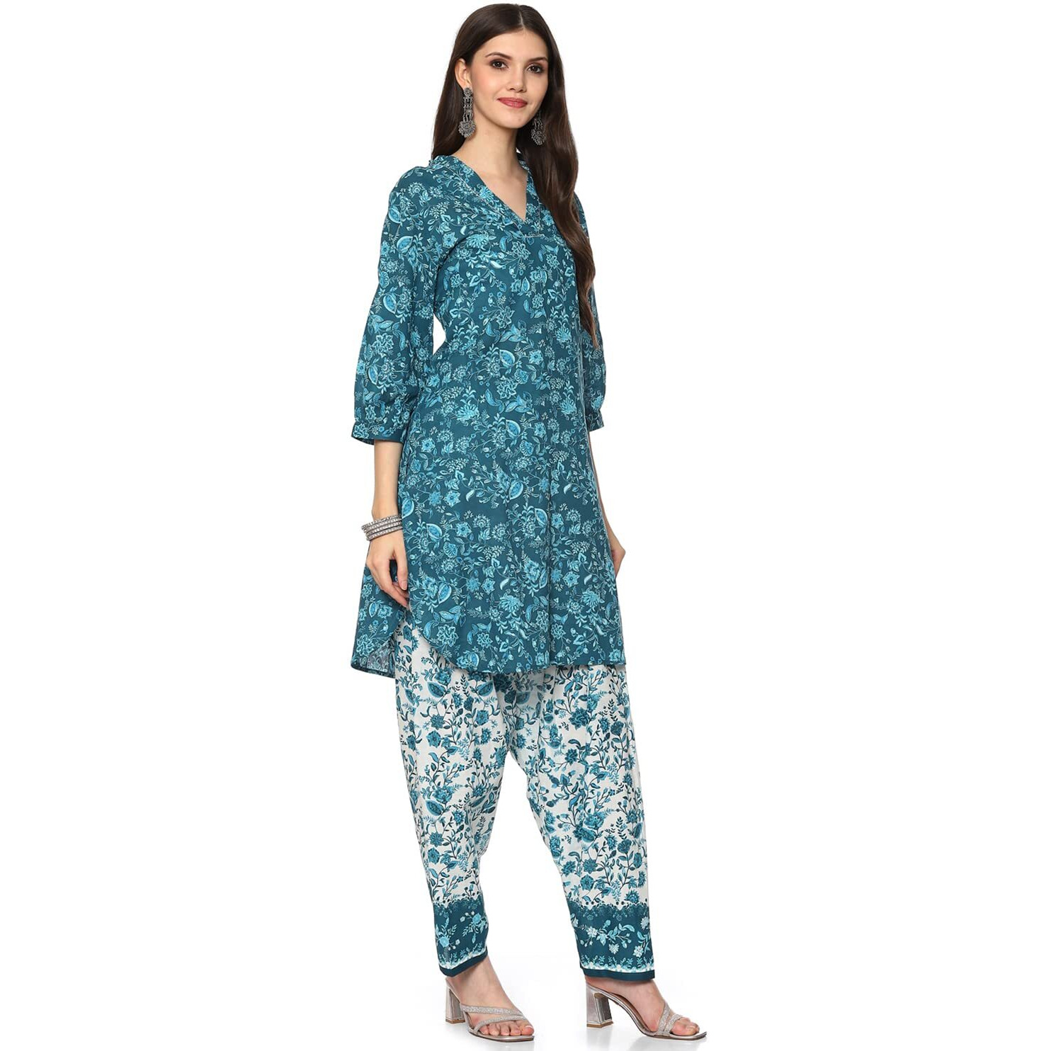 BIBA Cotton Women Printed Relaxed Salwar Kurta Dupatta(Skdlounge I8547_Teal Blue_42)