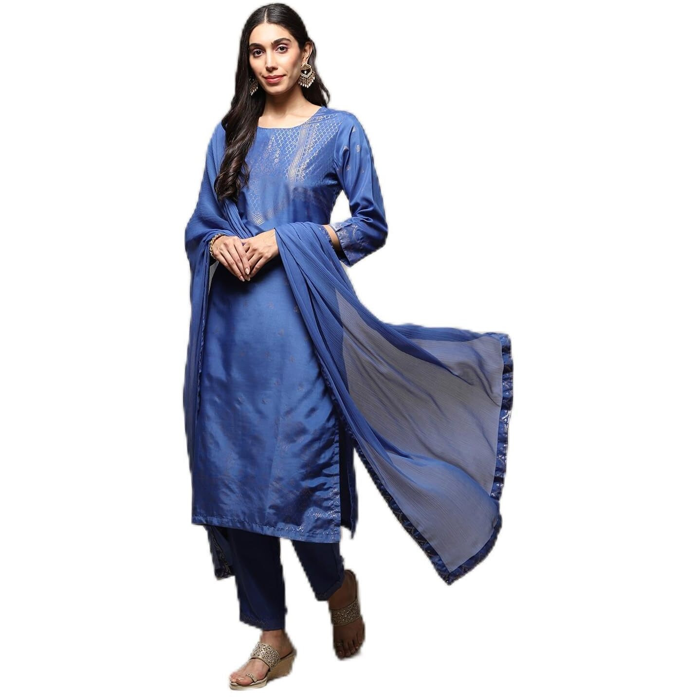 BIBA Women's Polyester Printed Narrow Salwar Kurta Dupatta (Skdassorted7666E_Blue_32)