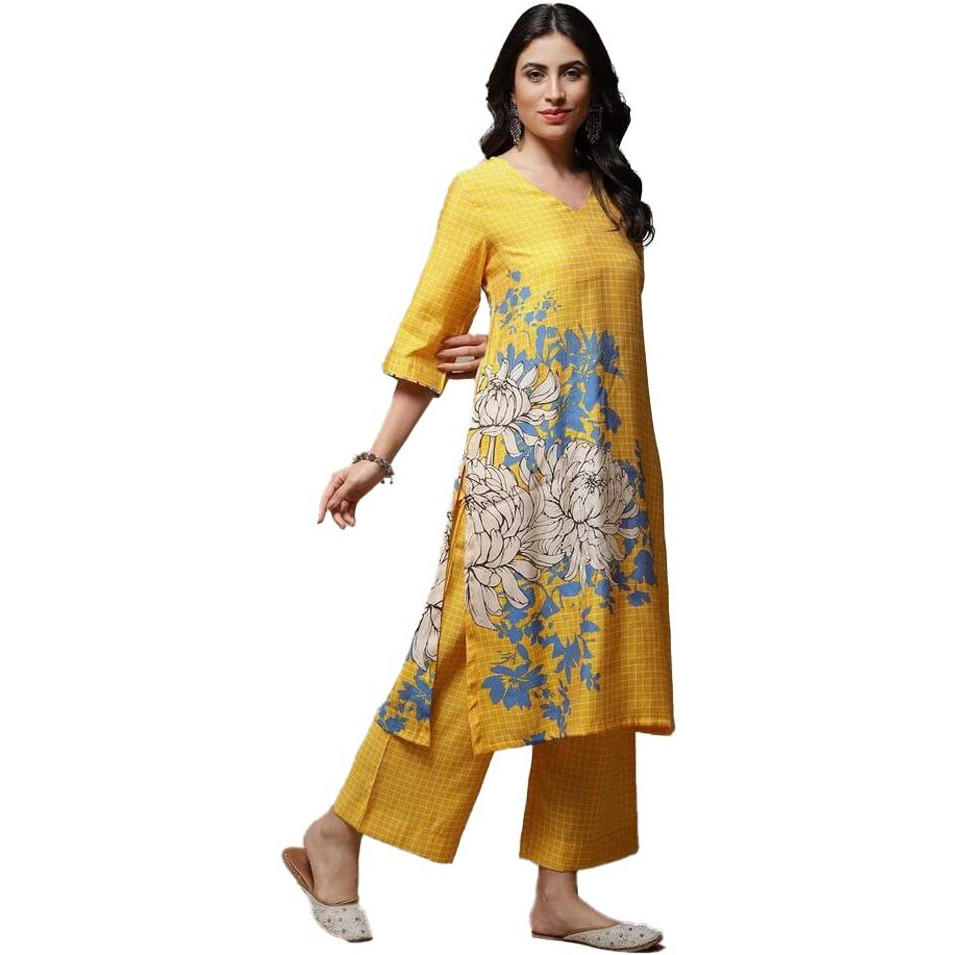 BIBA Women's Printed Relaxed Mix And Match(Soul Spa1866_Yellow_34) - Viscose, Salwar Suit Set