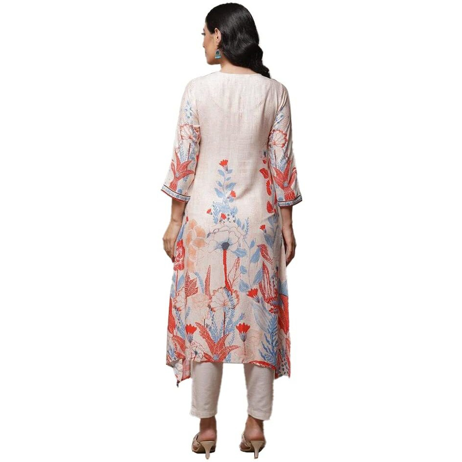 BIBA Printed Rayon V Neck Women's Kurta (Ecru, Size_32)