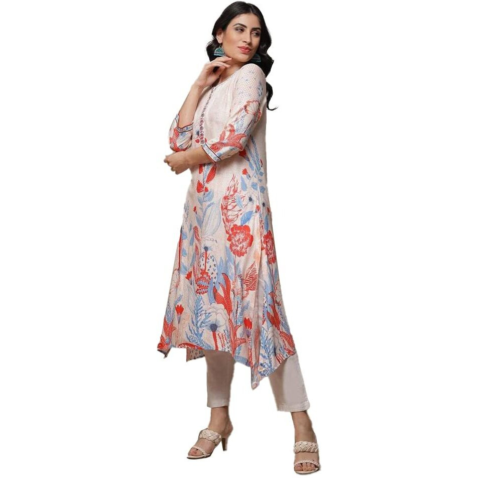 BIBA Printed Rayon V Neck Women's Kurta (Ecru, Size_32)
