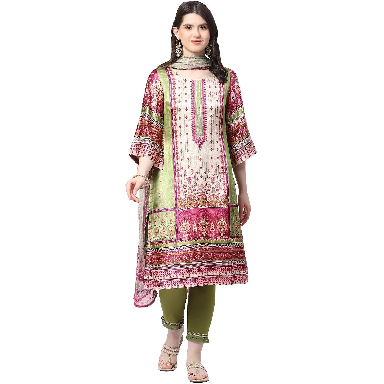 BIBA WOMEN PRINTED STRAIGHT SALWAR KURTA DUPATTA(SKDKABUL KA8241_GREEN_40)