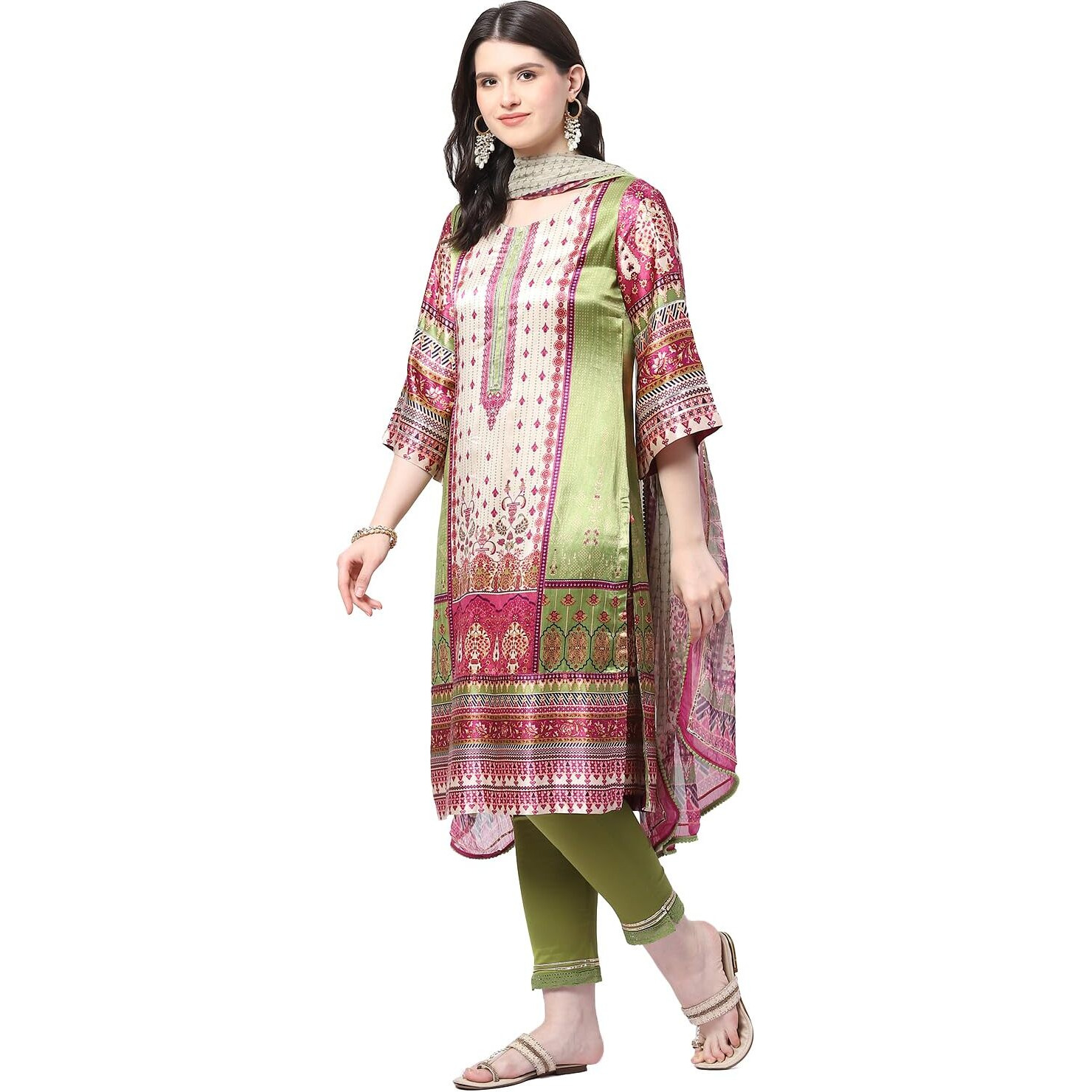 BIBA WOMEN PRINTED STRAIGHT SALWAR KURTA DUPATTA(SKDKABUL KA8241_GREEN_40)