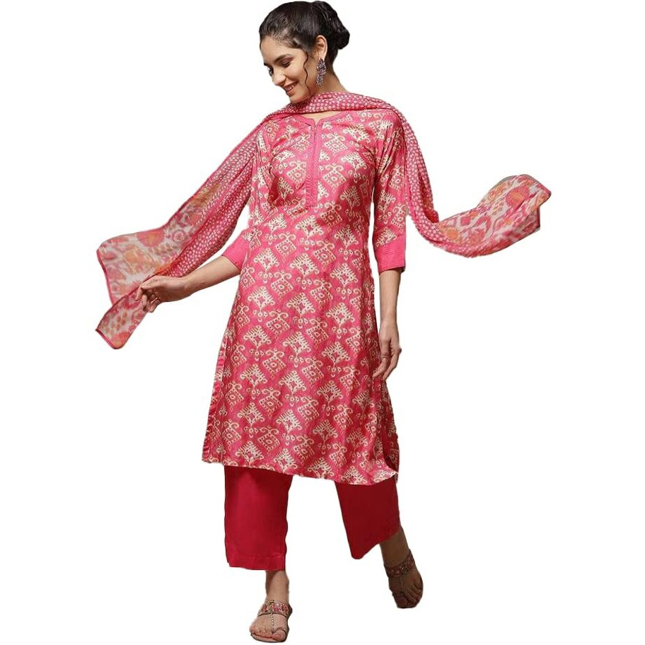 BIBA Women's Modal Printed Straight Salwar Kurta Dupatta (Skdassorted8434_Coral_38)