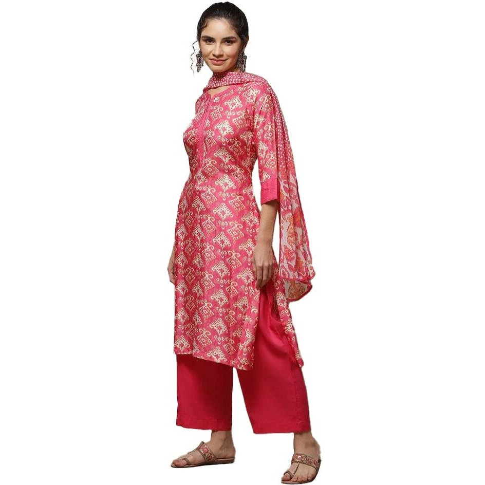 BIBA Women's Modal Printed Straight Salwar Kurta Dupatta (Skdassorted8434_Coral_38)