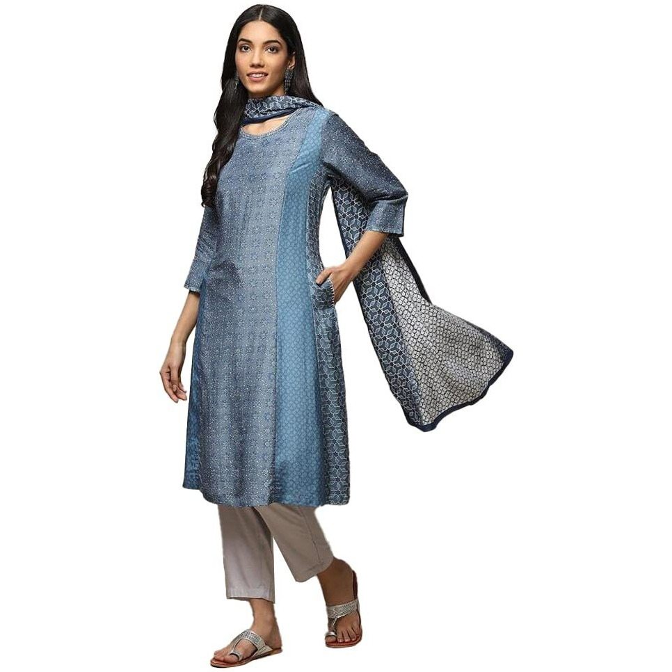 BIBA WOMEN PRINTED STRAIGHT SALWAR KURTA DUPATTA(SKDAJRAK FIL8431_BLUE_38)