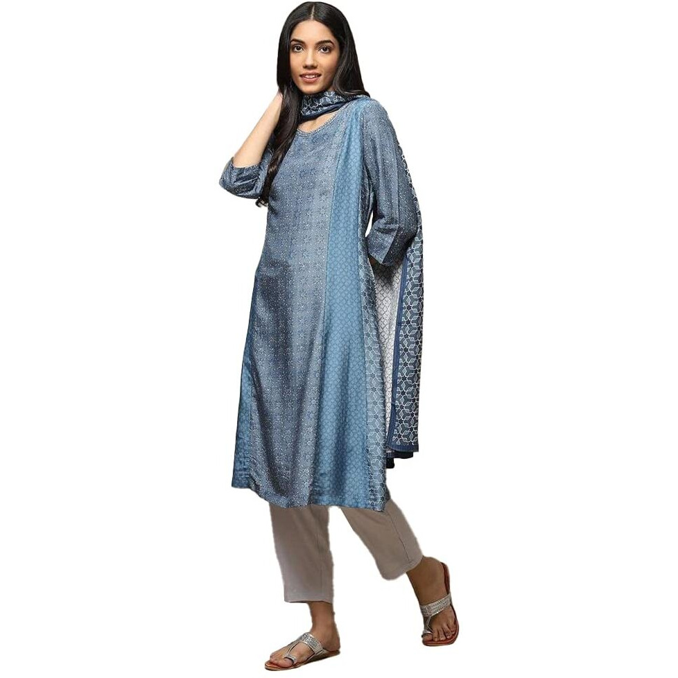 BIBA WOMEN PRINTED STRAIGHT SALWAR KURTA DUPATTA(SKDAJRAK FIL8431_BLUE_38)