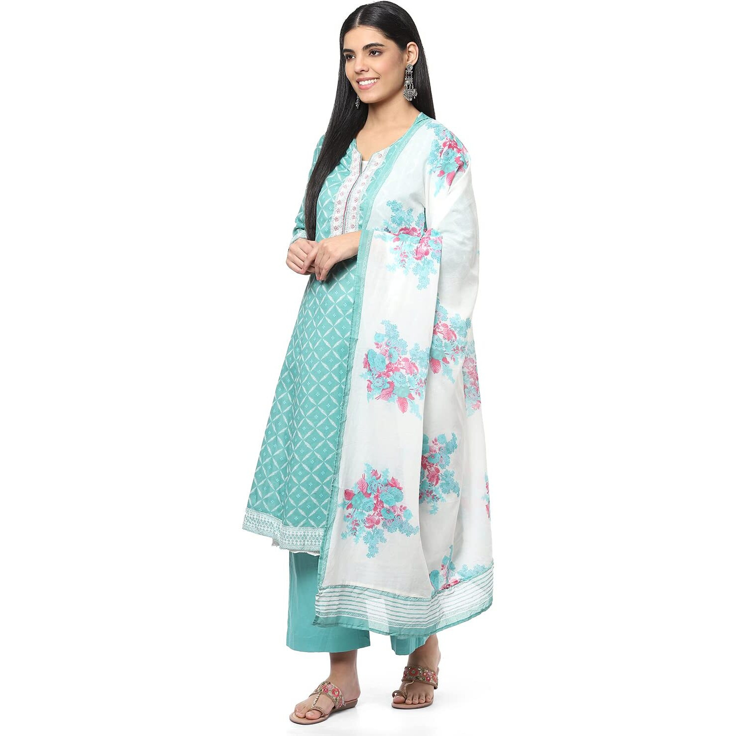 BIBA WOMEN PRINTED STRAIGHT SALWAR KURTA DUPATTA(SKDPHULKARI8486_TURQUOISE_34)