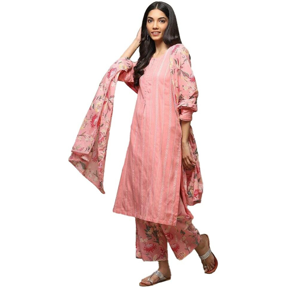BIBA WOMEN PRINTED STRAIGHT SALWAR KURTA DUPATTA(SKDSUMMER B8436_PINK_32)