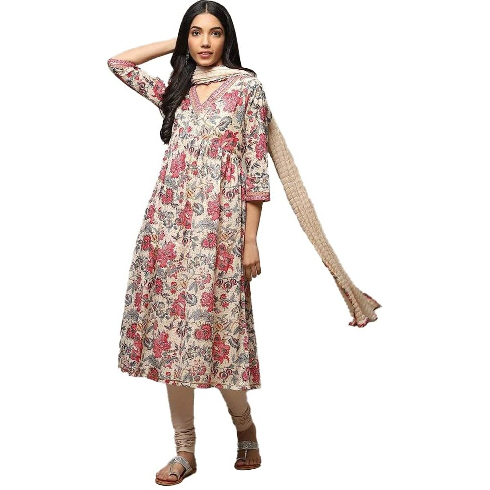 BIBA Voile Women Printed Fitted Salwar Kurta Dupatta(Skdassorted8655_Beige_38)