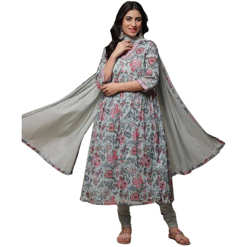 BIBA Women's Printed Fitted Salwar Kurta Dupatta(Skdassorted8655_Dul Sea Blue_36) - Voile