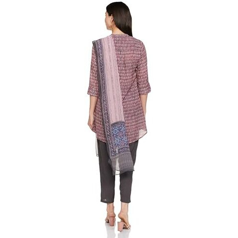 BIBA WOMEN PRINTED STRAIGHT SALWAR KURTA DUPATTA(SKDASSORTED8750_GRAY/PINK_38)