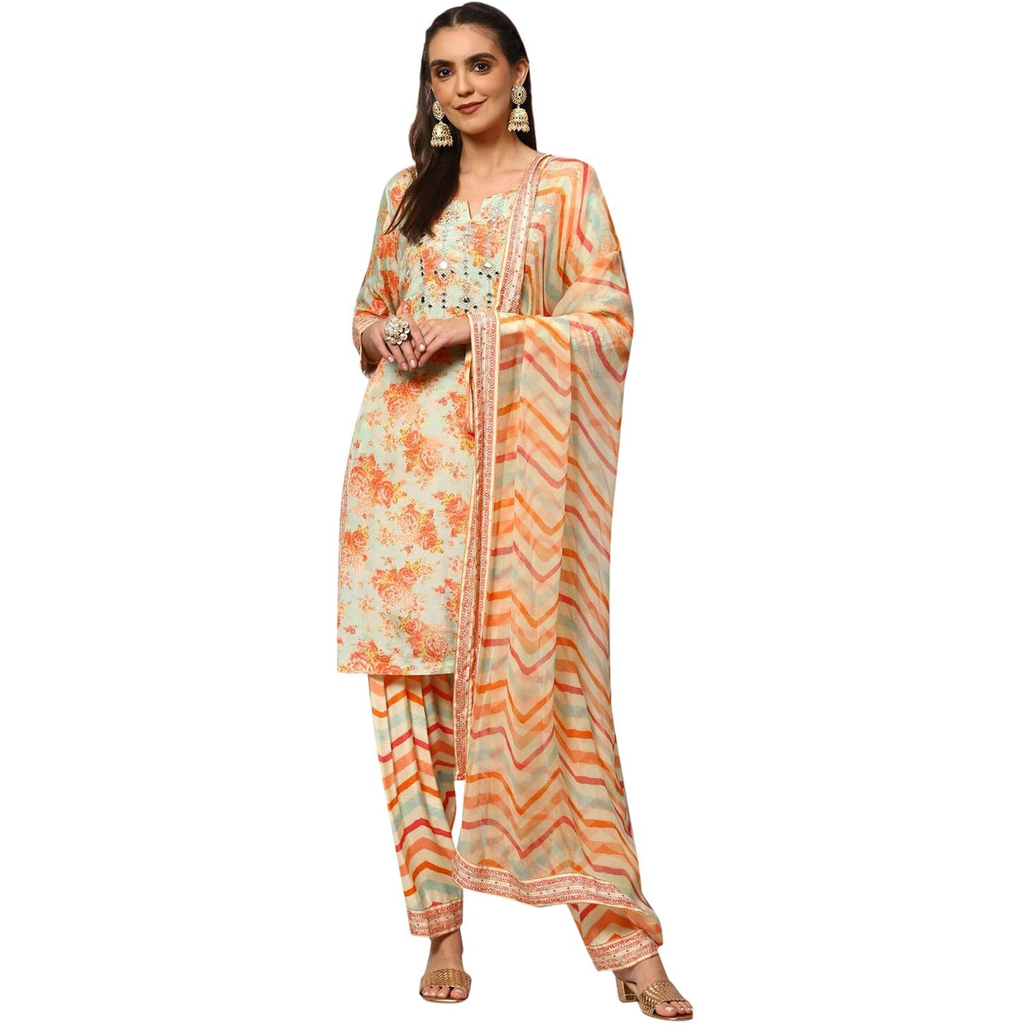 BIBA WOMEN PRINTED RELAXED SALWAR KURTA DUPATTA(SKDBANDHAN7872_SEA GREEN_34)
