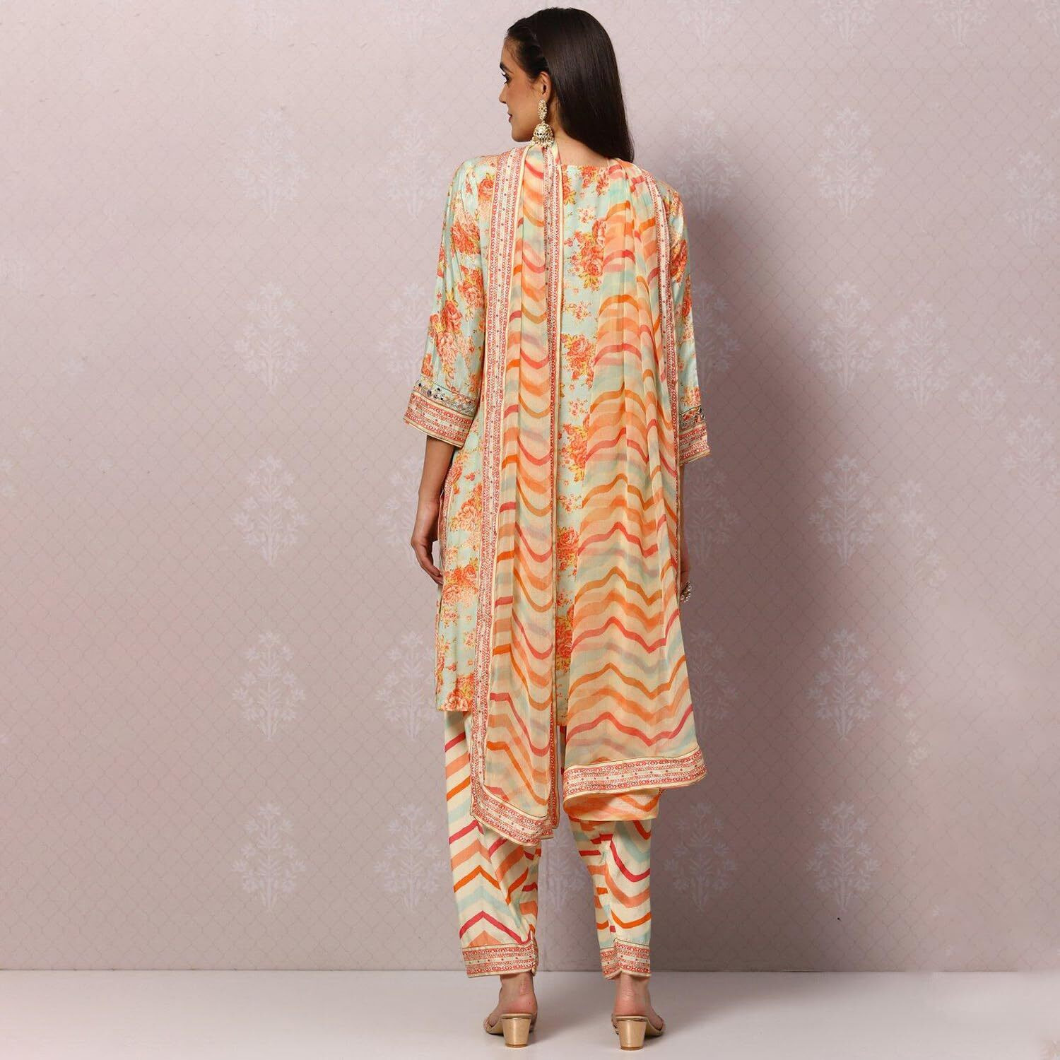 BIBA WOMEN PRINTED RELAXED SALWAR KURTA DUPATTA(SKDBANDHAN7872_SEA GREEN_34)