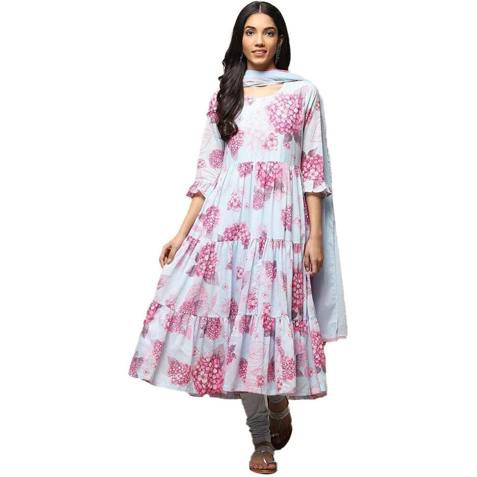BIBA Women's Printed Fitted Salwar Kurta Dupatta(Skdphool Ph8654_Powder Blue_40) - Voile