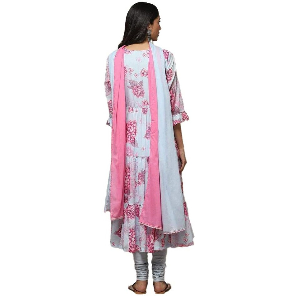 BIBA Women's Printed Fitted Salwar Kurta Dupatta(Skdphool Ph8654_Powder Blue_40) - Voile