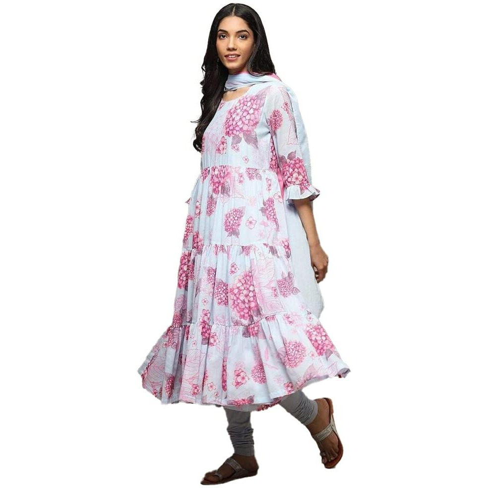 BIBA Women's Printed Fitted Salwar Kurta Dupatta(Skdphool Ph8654_Powder Blue_40) - Voile
