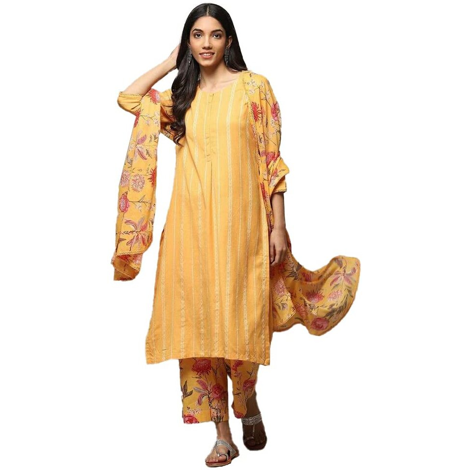 BIBA WOMEN PRINTED STRAIGHT SALWAR KURTA DUPATTA(SKDSUMMER B8436_MEHANDI_34)